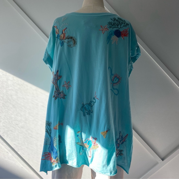 Johnny Was Zoe Relaxed Embroidered Short Sleeve Tee Shirt Blue Green Size L - Picture 4 of 16
